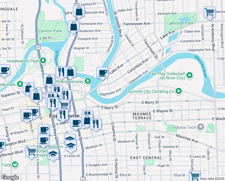 map of restaurants, bars, coffee shops, grocery stores, and more near 807 Edgewater Avenue in Fort Wayne