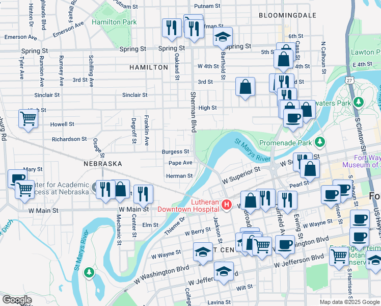 map of restaurants, bars, coffee shops, grocery stores, and more near 919 Sherman Boulevard in Fort Wayne