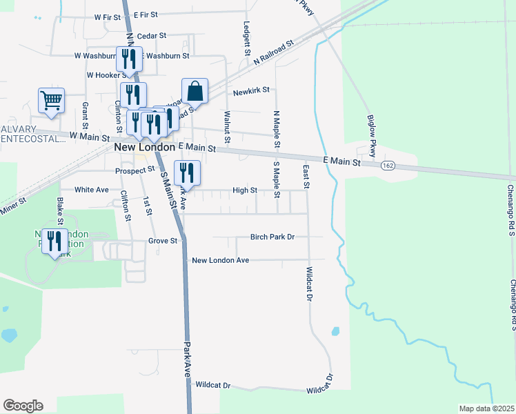 map of restaurants, bars, coffee shops, grocery stores, and more near 81 3rd Street in New London