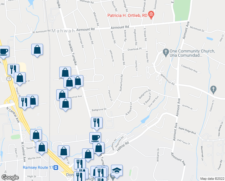 map of restaurants, bars, coffee shops, grocery stores, and more near 115 Rutherford Road in Mahwah