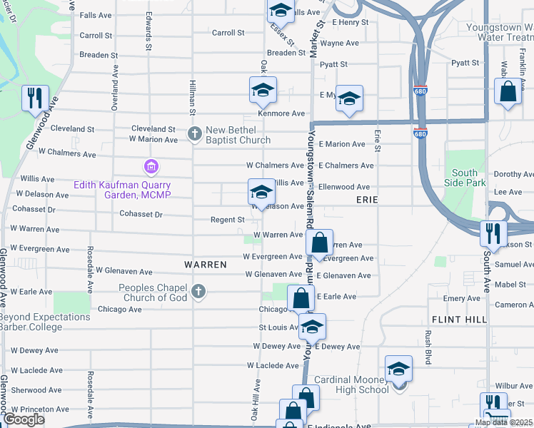 map of restaurants, bars, coffee shops, grocery stores, and more near 1807 Oak Hill Avenue in Youngstown