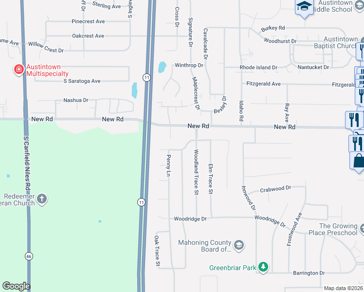 map of restaurants, bars, coffee shops, grocery stores, and more near 1768 Pine Trace in Austintown