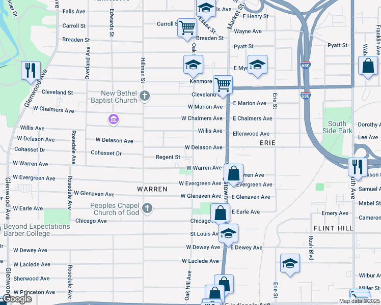 map of restaurants, bars, coffee shops, grocery stores, and more near 1812 Oak Hill Avenue in Youngstown