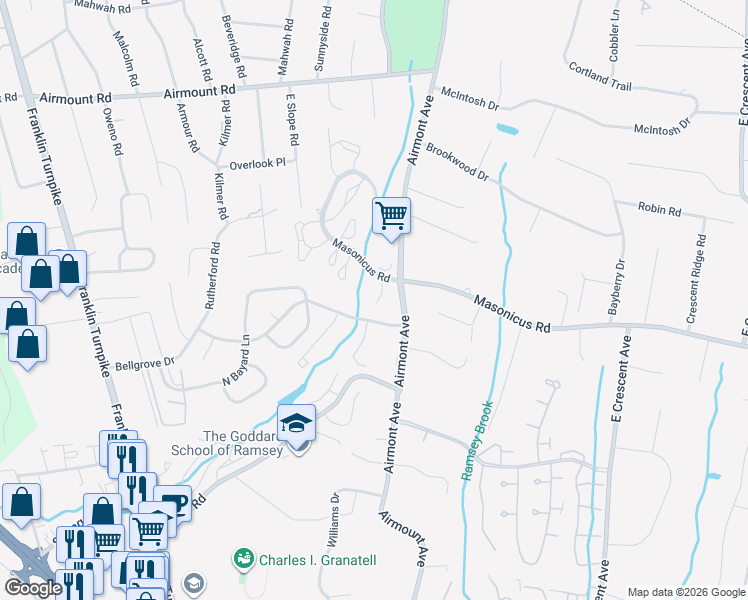 map of restaurants, bars, coffee shops, grocery stores, and more near 1003 Crown Court in Mahwah