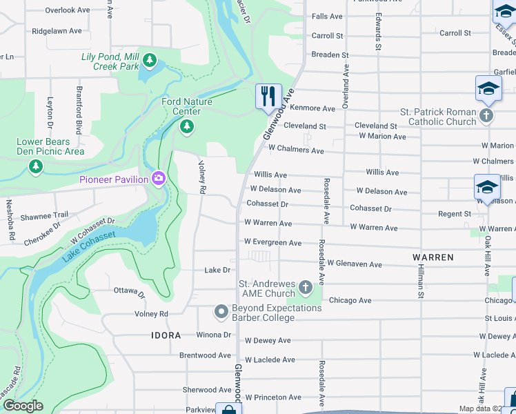 map of restaurants, bars, coffee shops, grocery stores, and more near 633 Cohasset Drive in Youngstown