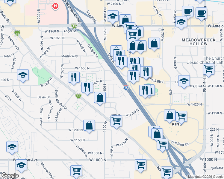 map of restaurants, bars, coffee shops, grocery stores, and more near 1500 North Angel Street in Layton
