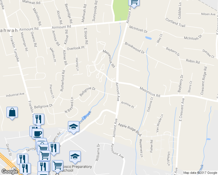 map of restaurants, bars, coffee shops, grocery stores, and more near 1000 Crown Court in Mahwah