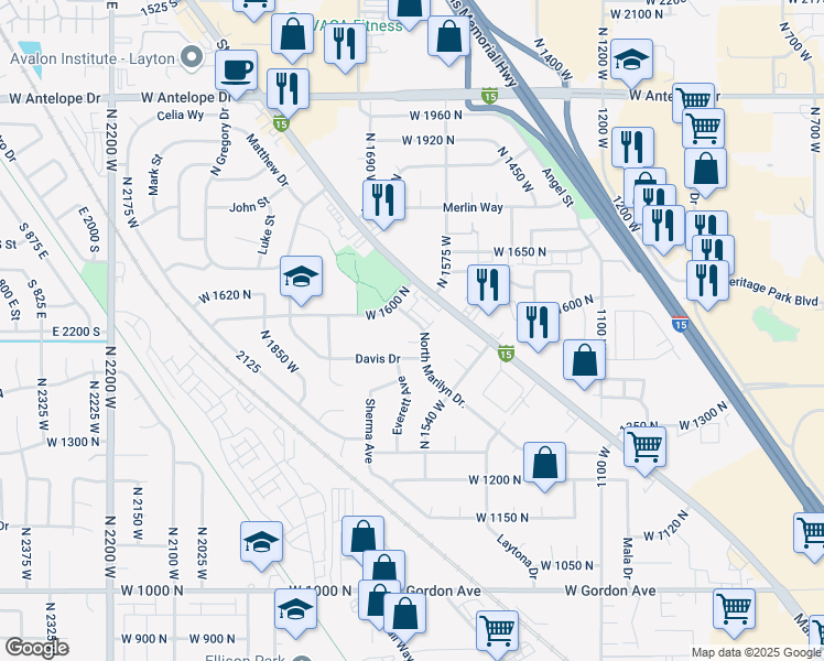 map of restaurants, bars, coffee shops, grocery stores, and more near 1591 West 1600 North in Layton