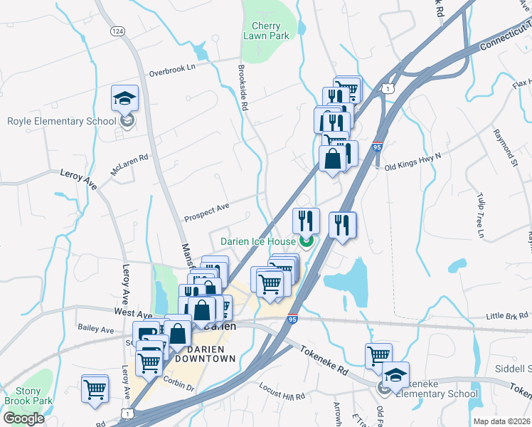 map of restaurants, bars, coffee shops, grocery stores, and more near 25 Brookside Road in Darien