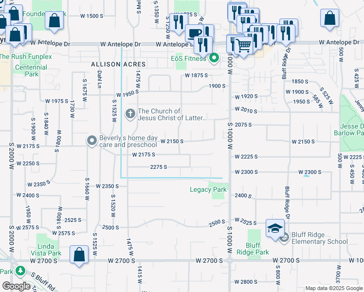 map of restaurants, bars, coffee shops, grocery stores, and more near 1248 West 2175 South in Syracuse