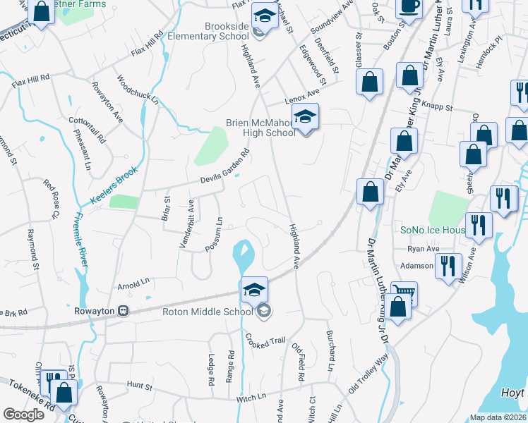 map of restaurants, bars, coffee shops, grocery stores, and more near 80 Rowayton Woods Drive in Norwalk