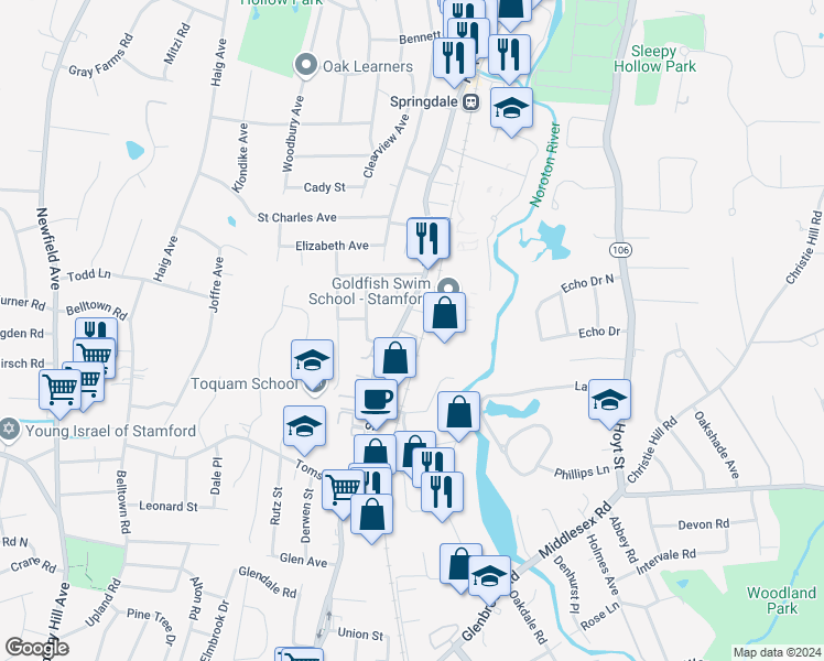 map of restaurants, bars, coffee shops, grocery stores, and more near 76 Viaduct Road in Stamford