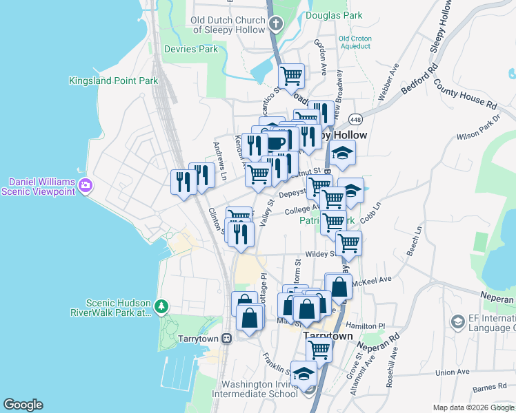 map of restaurants, bars, coffee shops, grocery stores, and more near 95 College Avenue in Sleepy Hollow
