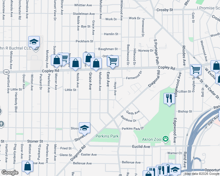 map of restaurants, bars, coffee shops, grocery stores, and more near 617 Wildwood Avenue in Akron