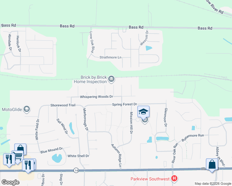 map of restaurants, bars, coffee shops, grocery stores, and more near 8800-8898 Whispering Woods Drive in Fort Wayne