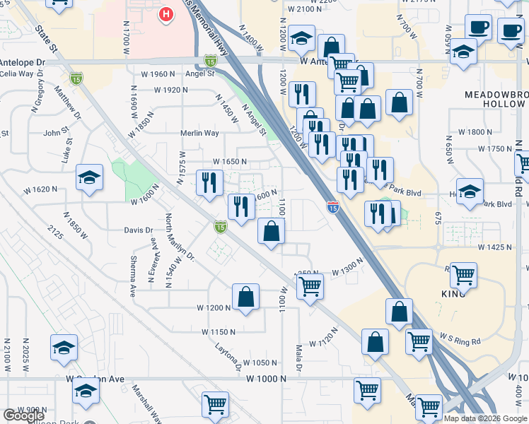 map of restaurants, bars, coffee shops, grocery stores, and more near 1600 North 1575 West in Layton