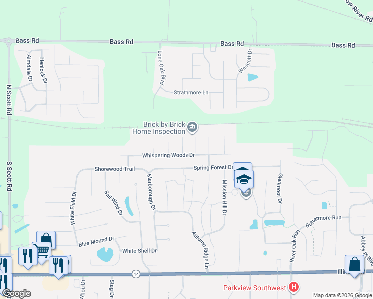 map of restaurants, bars, coffee shops, grocery stores, and more near 118 Lightning Wood Court in Fort Wayne