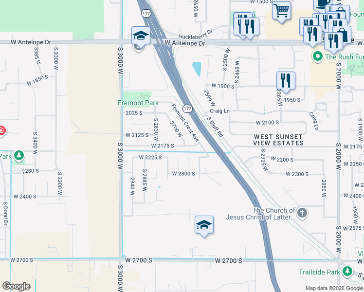 map of restaurants, bars, coffee shops, grocery stores, and more near 2717 2175 South in Syracuse