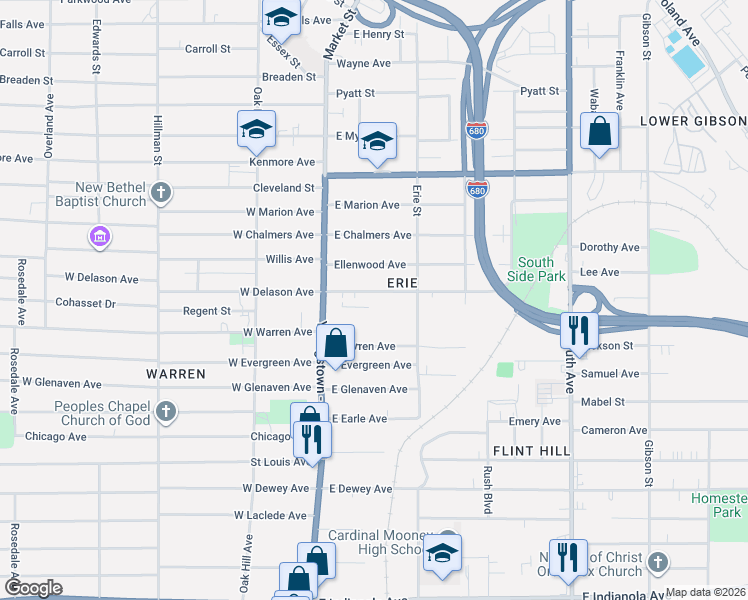 map of restaurants, bars, coffee shops, grocery stores, and more near 45 East Delason Avenue in Youngstown