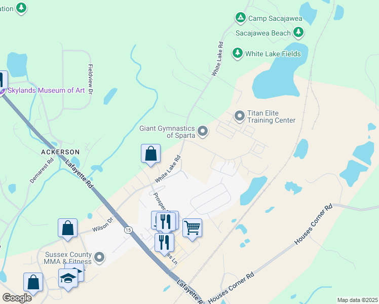 map of restaurants, bars, coffee shops, grocery stores, and more near 2 Park Lake Road in Sparta