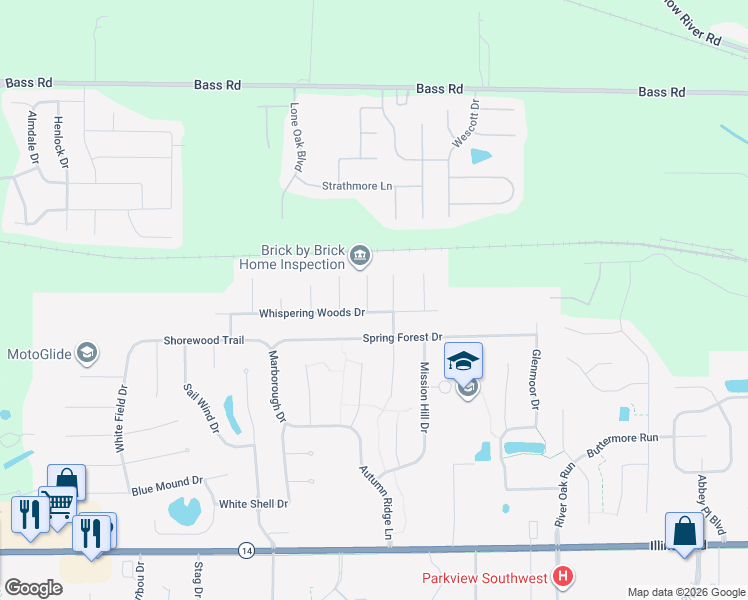 map of restaurants, bars, coffee shops, grocery stores, and more near 8800-8898 Whispering Woods Drive in Fort Wayne