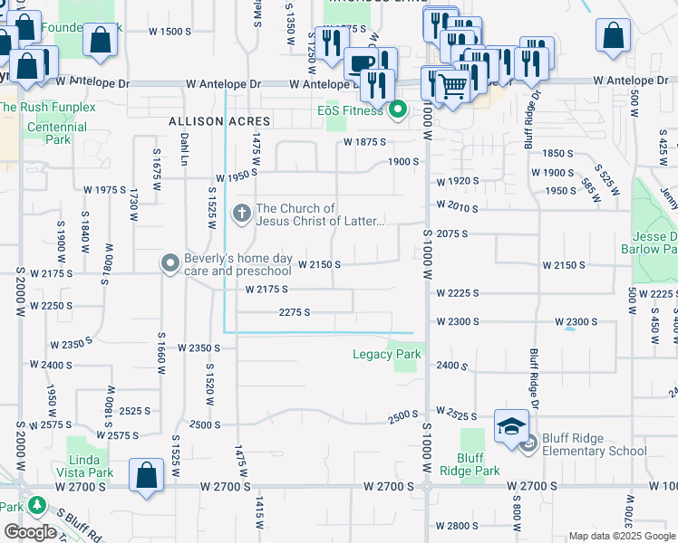 map of restaurants, bars, coffee shops, grocery stores, and more near 1248 West 2175 South in Syracuse