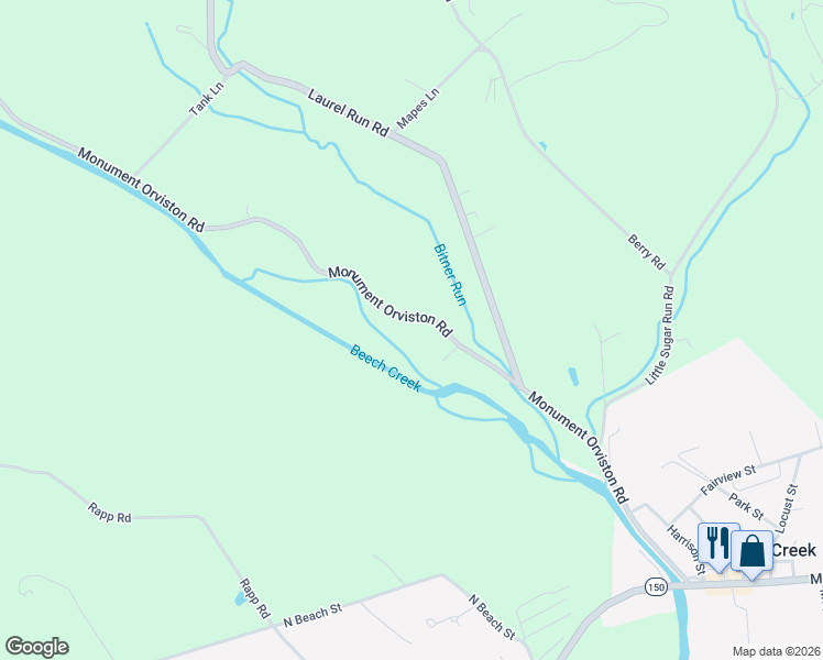 map of restaurants, bars, coffee shops, grocery stores, and more near 393 Monument Orviston Road in Beech Creek