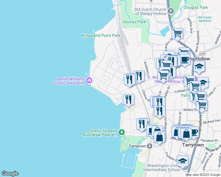 map of restaurants, bars, coffee shops, grocery stores, and more near 65 River Street in Sleepy Hollow