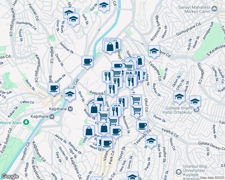 map of restaurants, bars, coffee shops, grocery stores, and more near Ayazma Caddesi in Kâğıthane