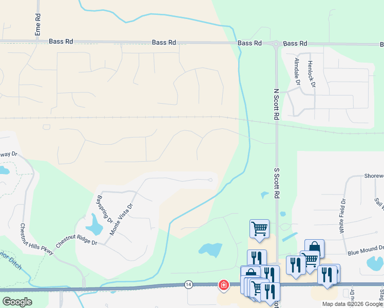 map of restaurants, bars, coffee shops, grocery stores, and more near 10712-10724 Monte Vista Court in Fort Wayne