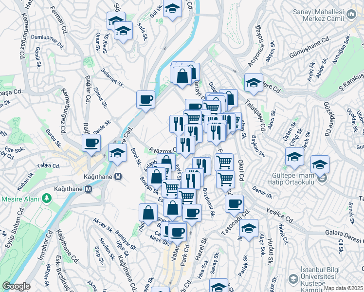 map of restaurants, bars, coffee shops, grocery stores, and more near Ayazma Caddesi in Kâğıthane