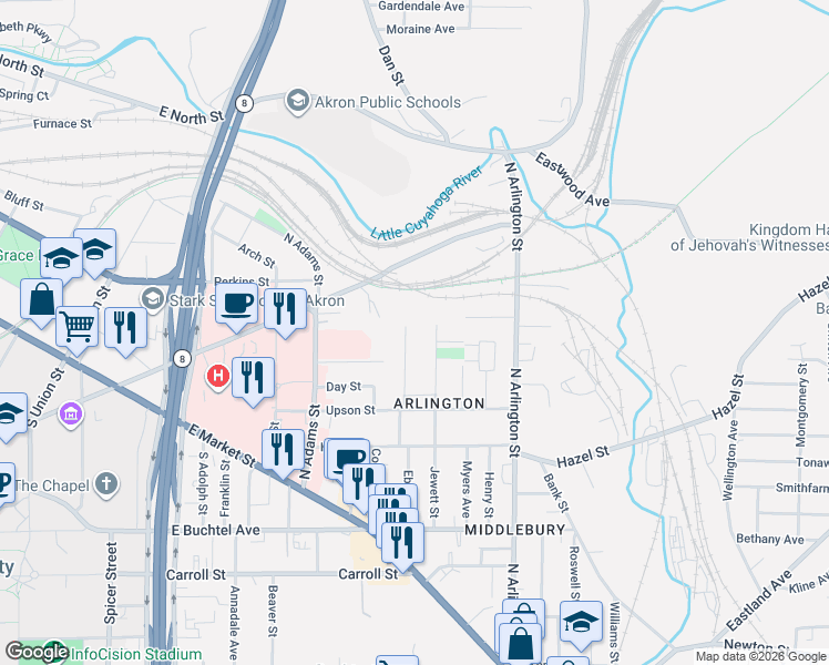 map of restaurants, bars, coffee shops, grocery stores, and more near 220 Nieman Street in Akron