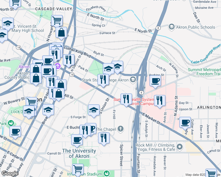 map of restaurants, bars, coffee shops, grocery stores, and more near 293 East Market Street in Akron