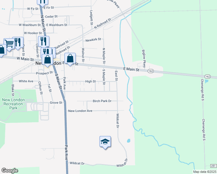 map of restaurants, bars, coffee shops, grocery stores, and more near 124 3rd Street in New London