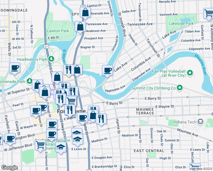 map of restaurants, bars, coffee shops, grocery stores, and more near 703 Edgewater Avenue in Fort Wayne