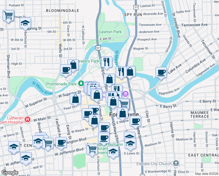 map of restaurants, bars, coffee shops, grocery stores, and more near 501-523 S Clinton St in Fort Wayne