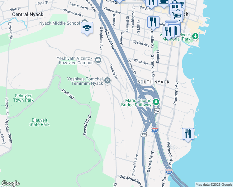 map of restaurants, bars, coffee shops, grocery stores, and more near 11 Chase Avenue in Nyack