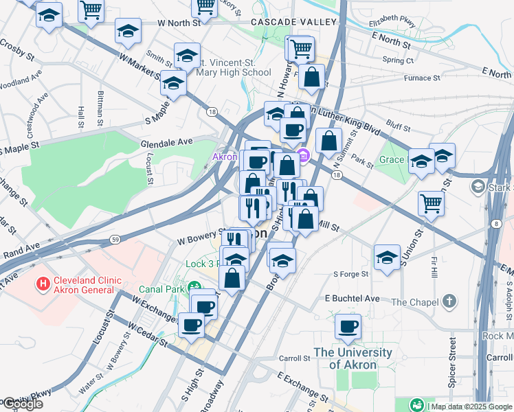 map of restaurants, bars, coffee shops, grocery stores, and more near 106 South Main Street in Akron