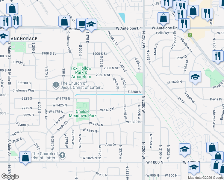 map of restaurants, bars, coffee shops, grocery stores, and more near 786 East 2200 South in Clearfield