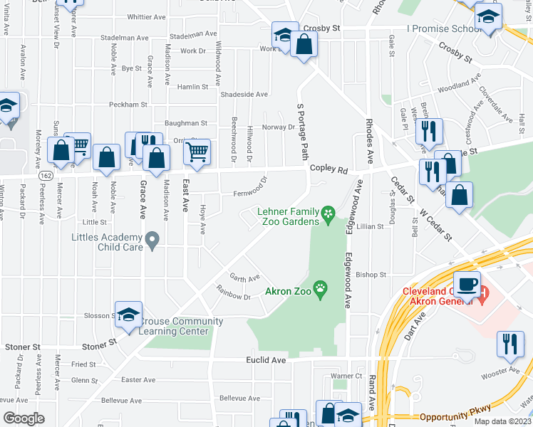 map of restaurants, bars, coffee shops, grocery stores, and more near 630 Diagonal Road in Akron