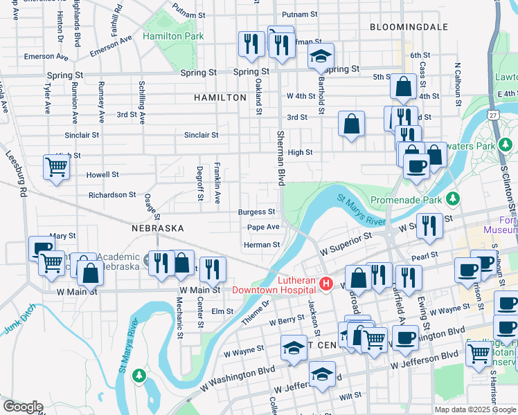 map of restaurants, bars, coffee shops, grocery stores, and more near 950 Burgess Street in Fort Wayne