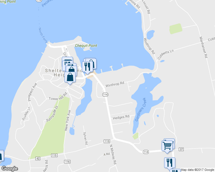 map of restaurants, bars, coffee shops, grocery stores, and more near 4 Winthrop Road in Shelter Island