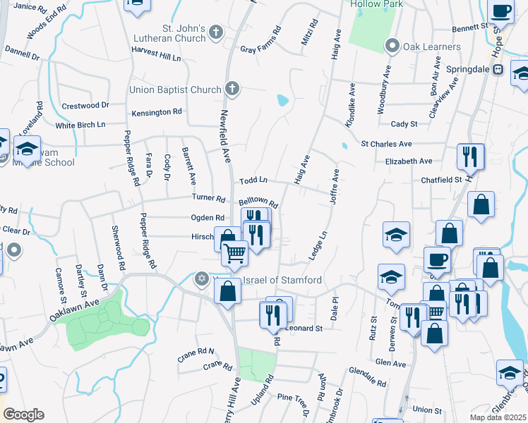 map of restaurants, bars, coffee shops, grocery stores, and more near 184 Belltown Road in Stamford