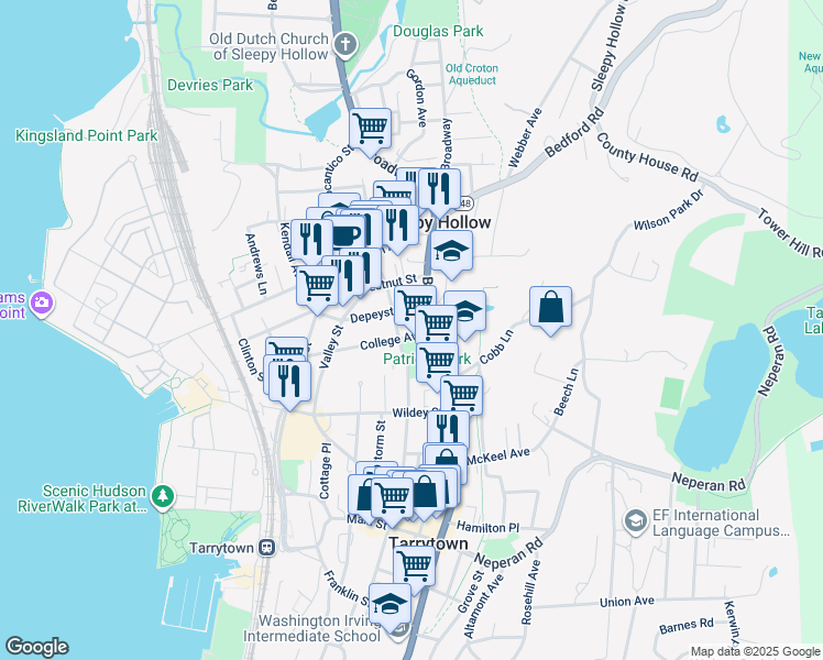map of restaurants, bars, coffee shops, grocery stores, and more near 157 North Washington Street in Sleepy Hollow