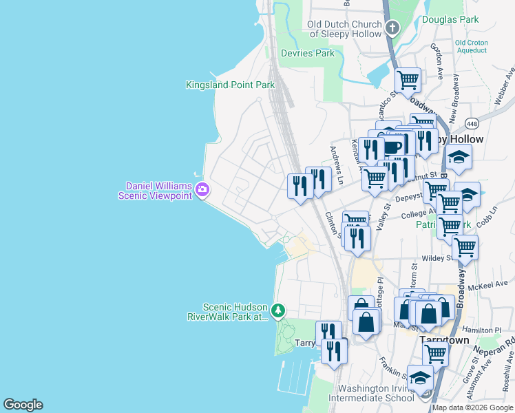 map of restaurants, bars, coffee shops, grocery stores, and more near 65 River Street in Sleepy Hollow