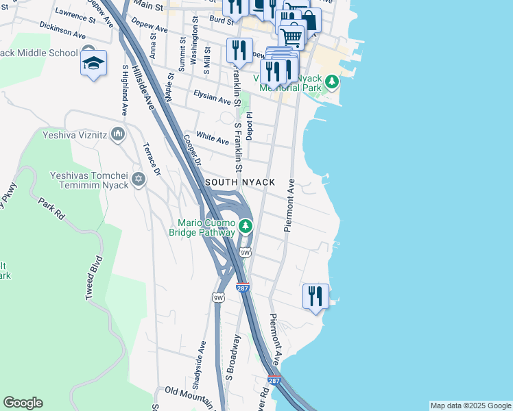 map of restaurants, bars, coffee shops, grocery stores, and more near 241 South Broadway in Nyack