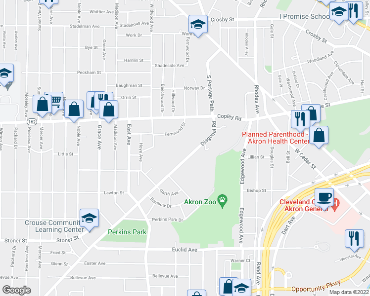 map of restaurants, bars, coffee shops, grocery stores, and more near 630 Diagonal Road in Akron