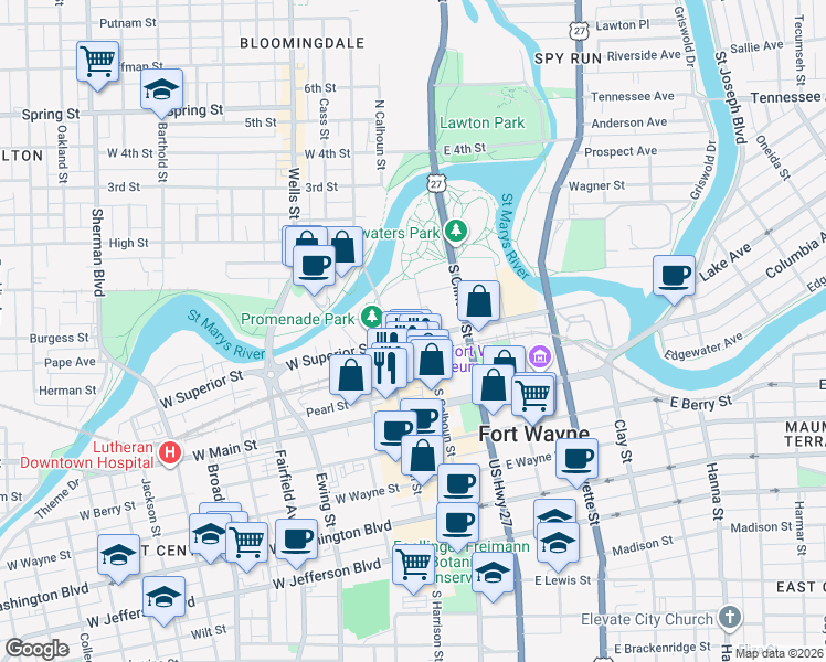 map of restaurants, bars, coffee shops, grocery stores, and more near 100 West Superior Street in Fort Wayne