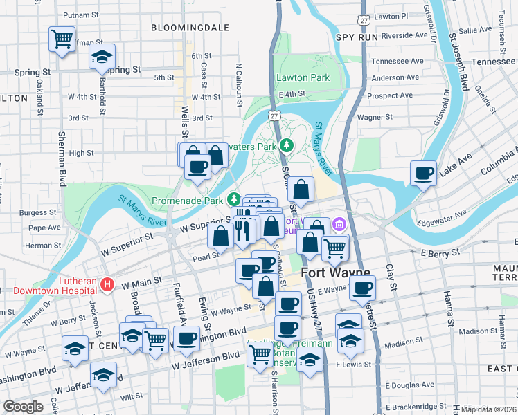 map of restaurants, bars, coffee shops, grocery stores, and more near 100 West Superior Street in Fort Wayne