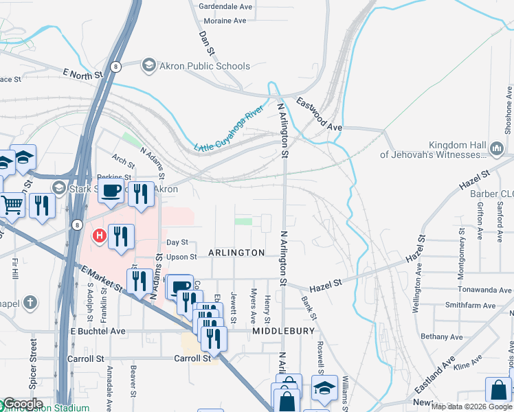 map of restaurants, bars, coffee shops, grocery stores, and more near 212 Denver Street in Akron